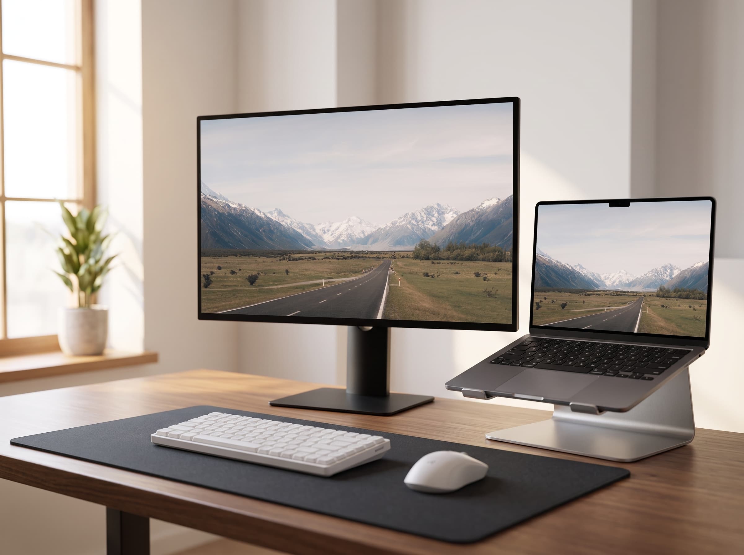 Desk setup showing Alpine Roads wallpaper