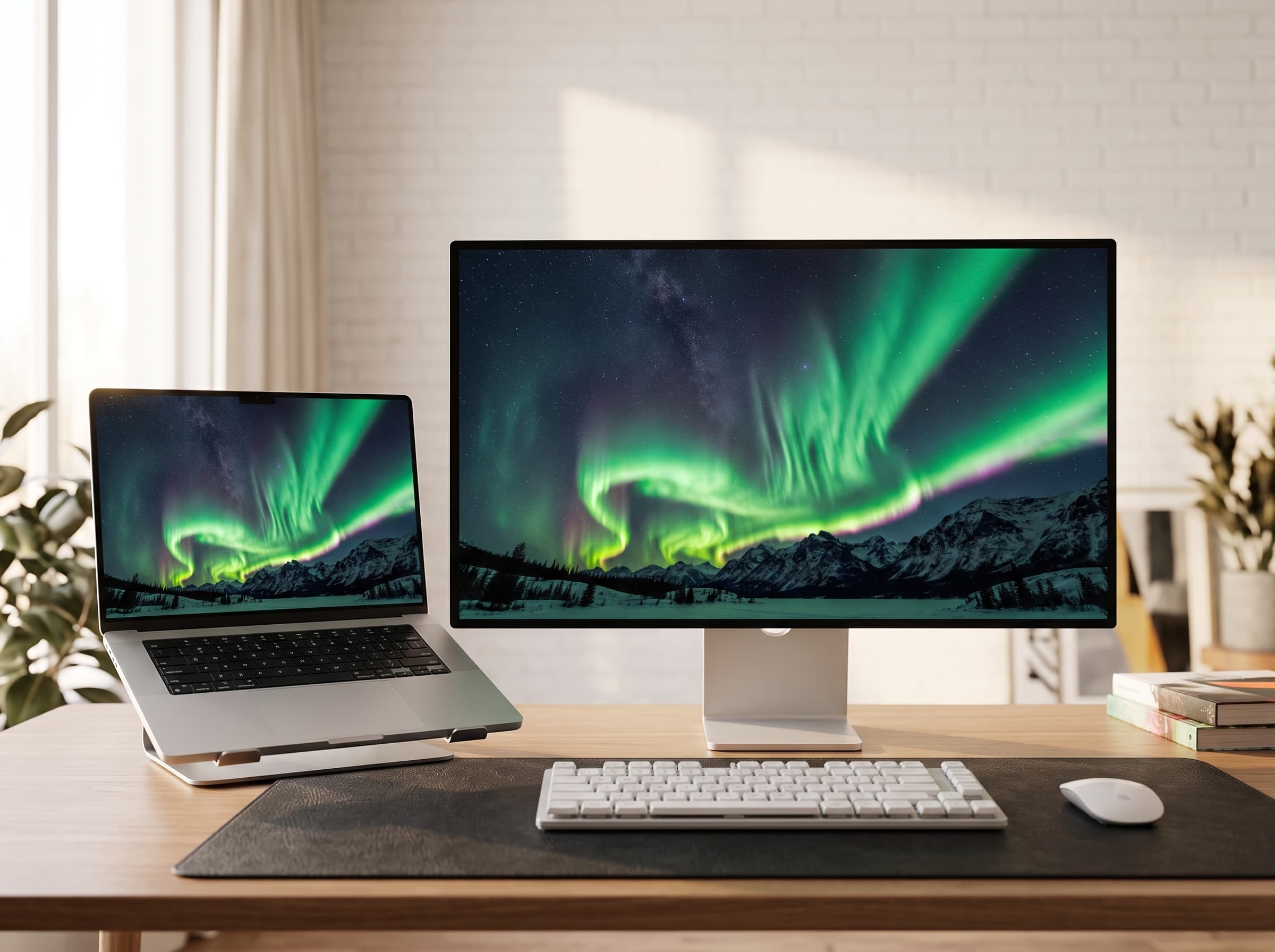 Desk setup showing Aurora Nights wallpaper