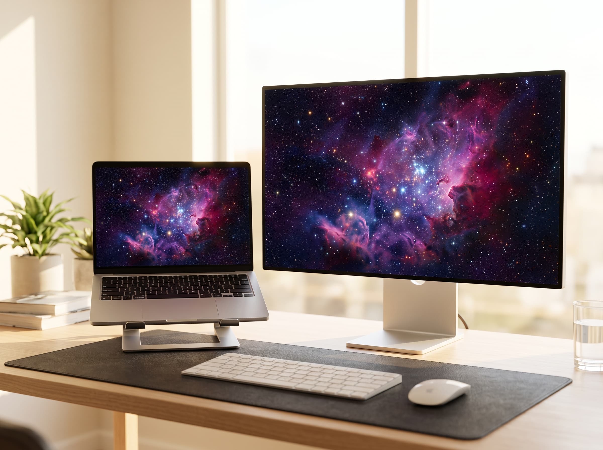 Desk setup showing Cosmic Nebula wallpaper