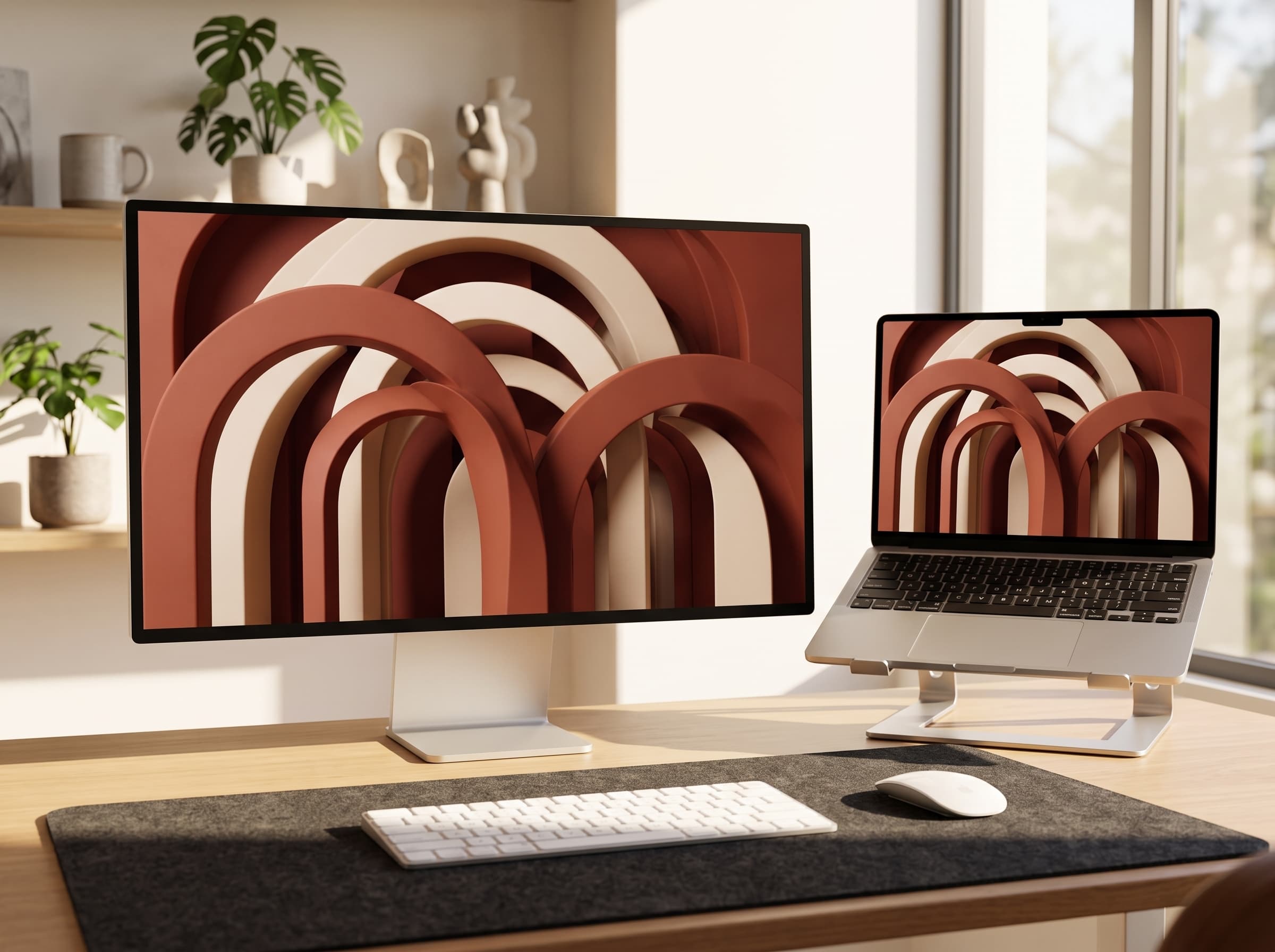 Desk setup showing Geo Forms wallpaper