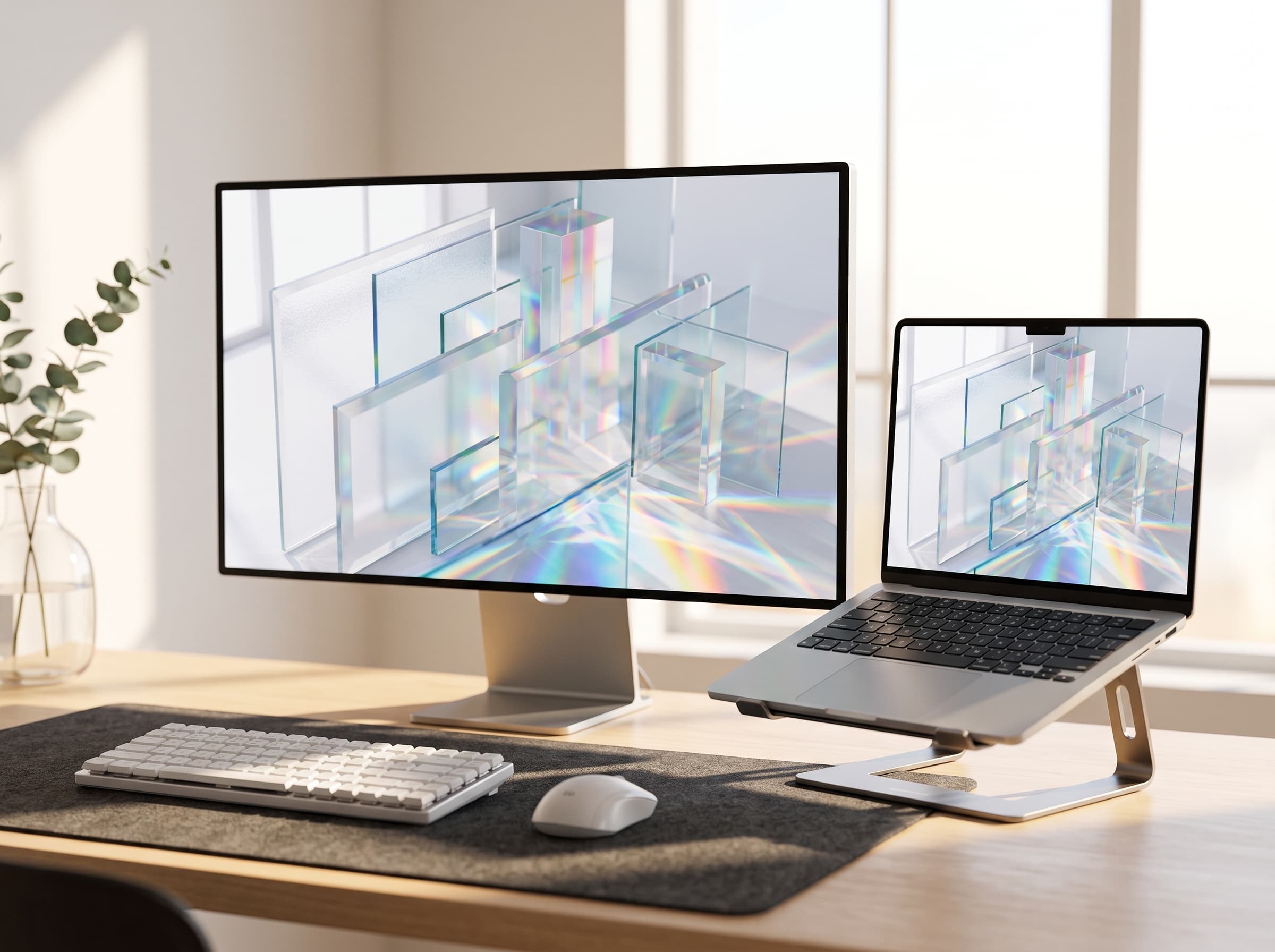 Desk setup showing Glass Light wallpaper