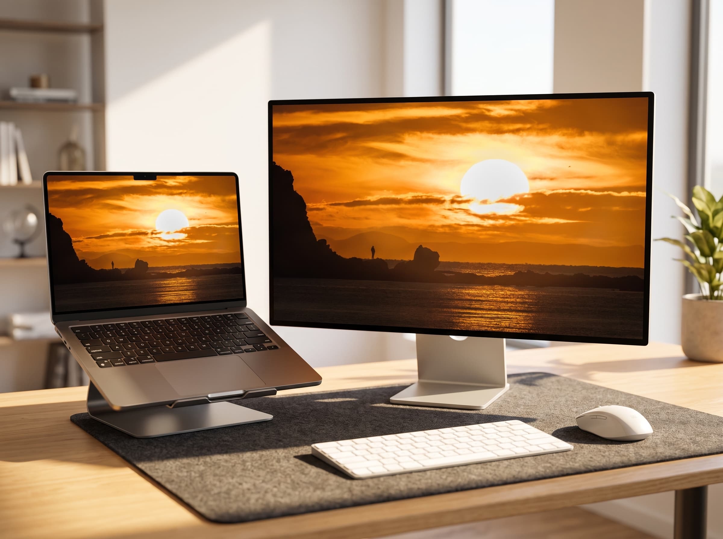 Desk setup showing Golden Coast wallpaper