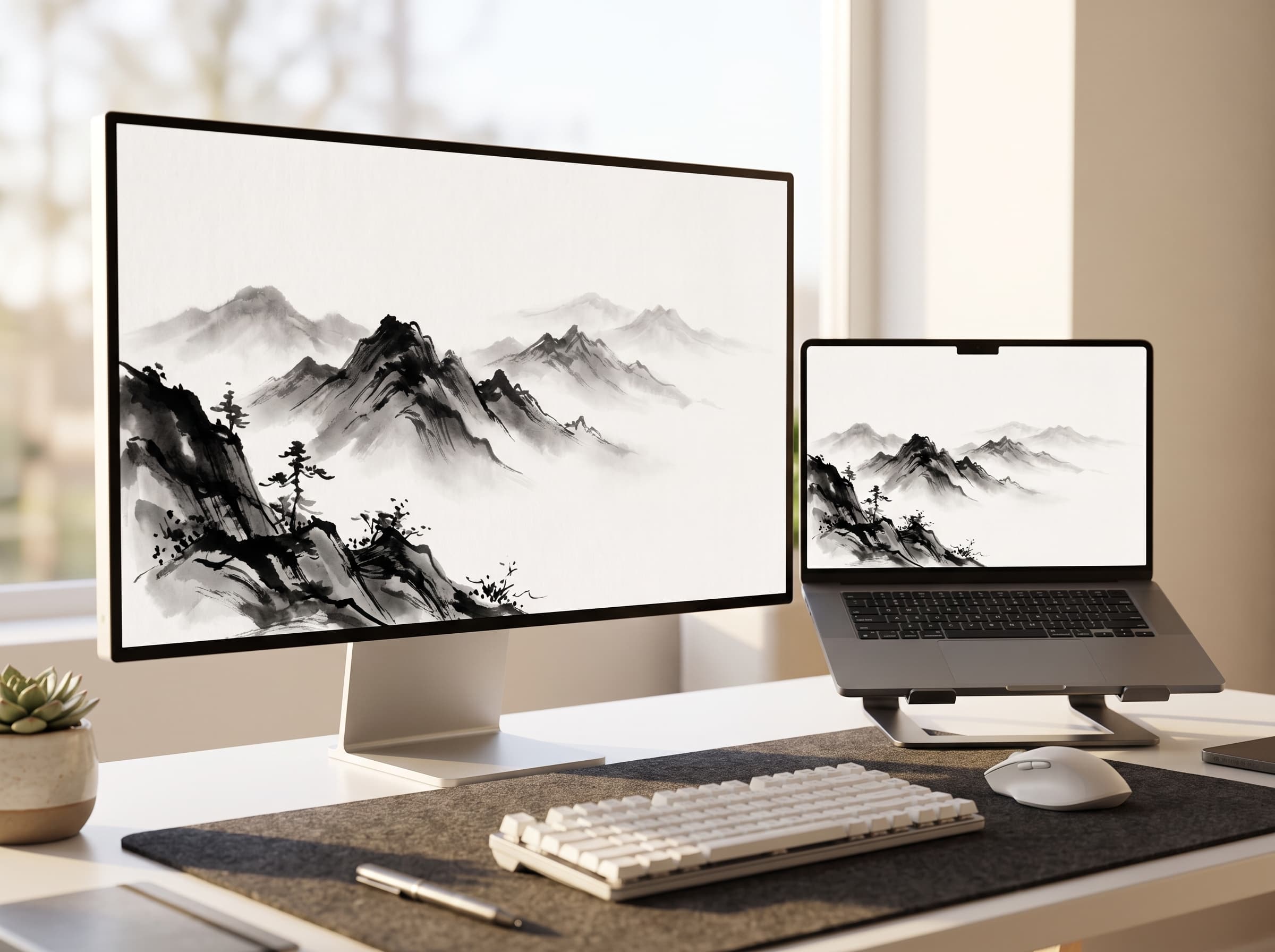 Desk setup showing Ink Wash wallpaper