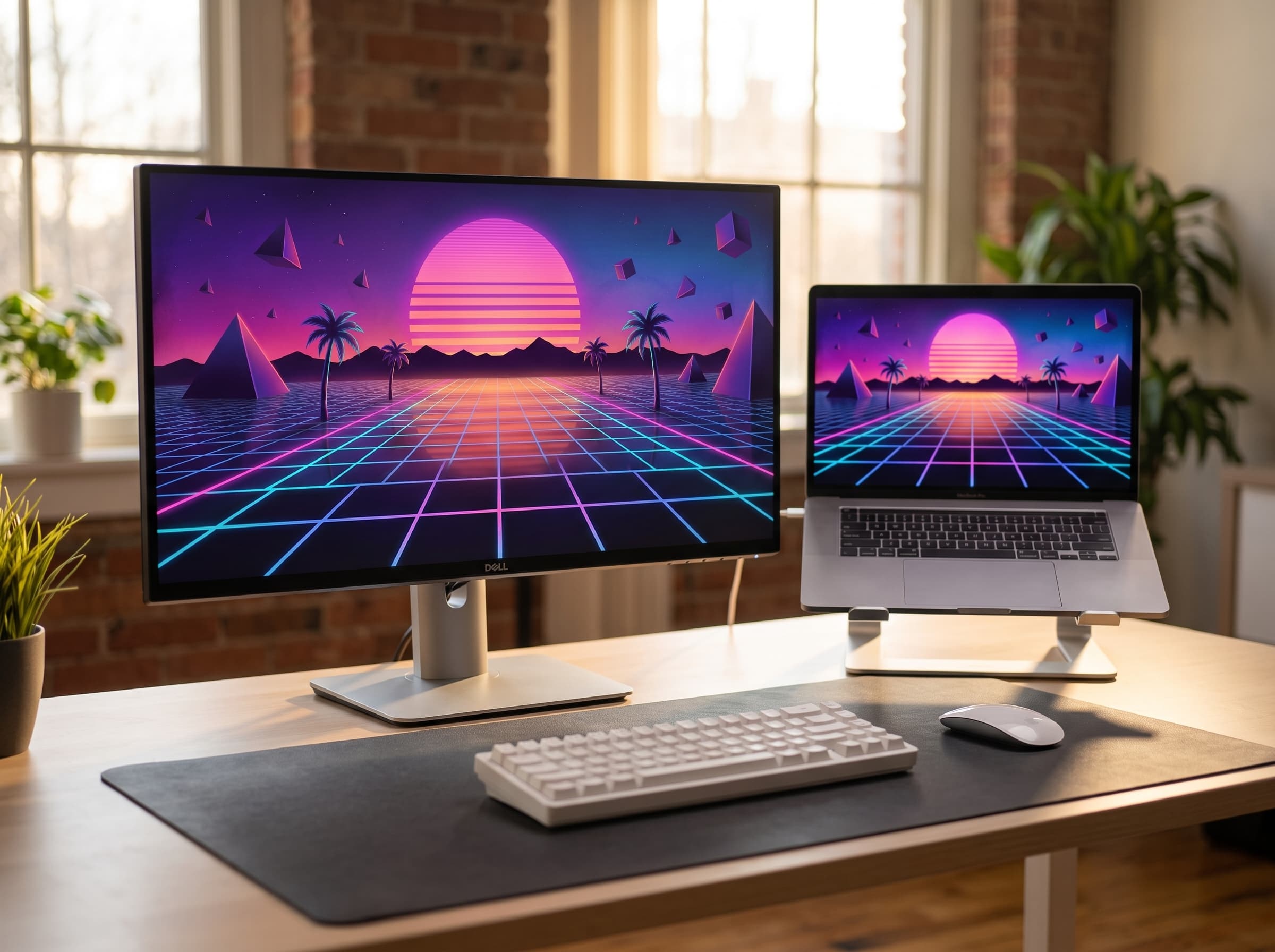 Desk setup showing Neon Horizon wallpaper