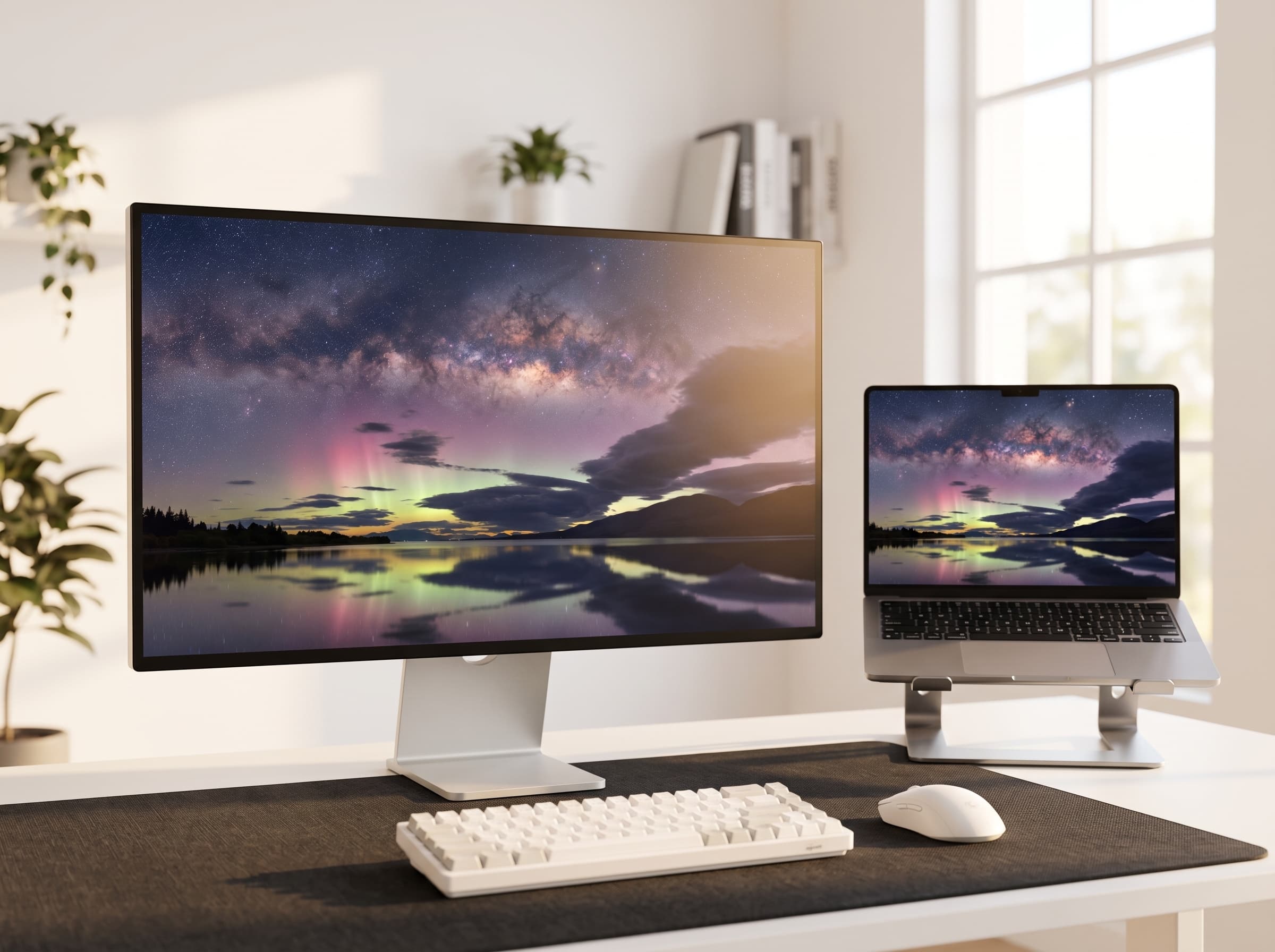 Desk setup showing Southern Nights wallpaper