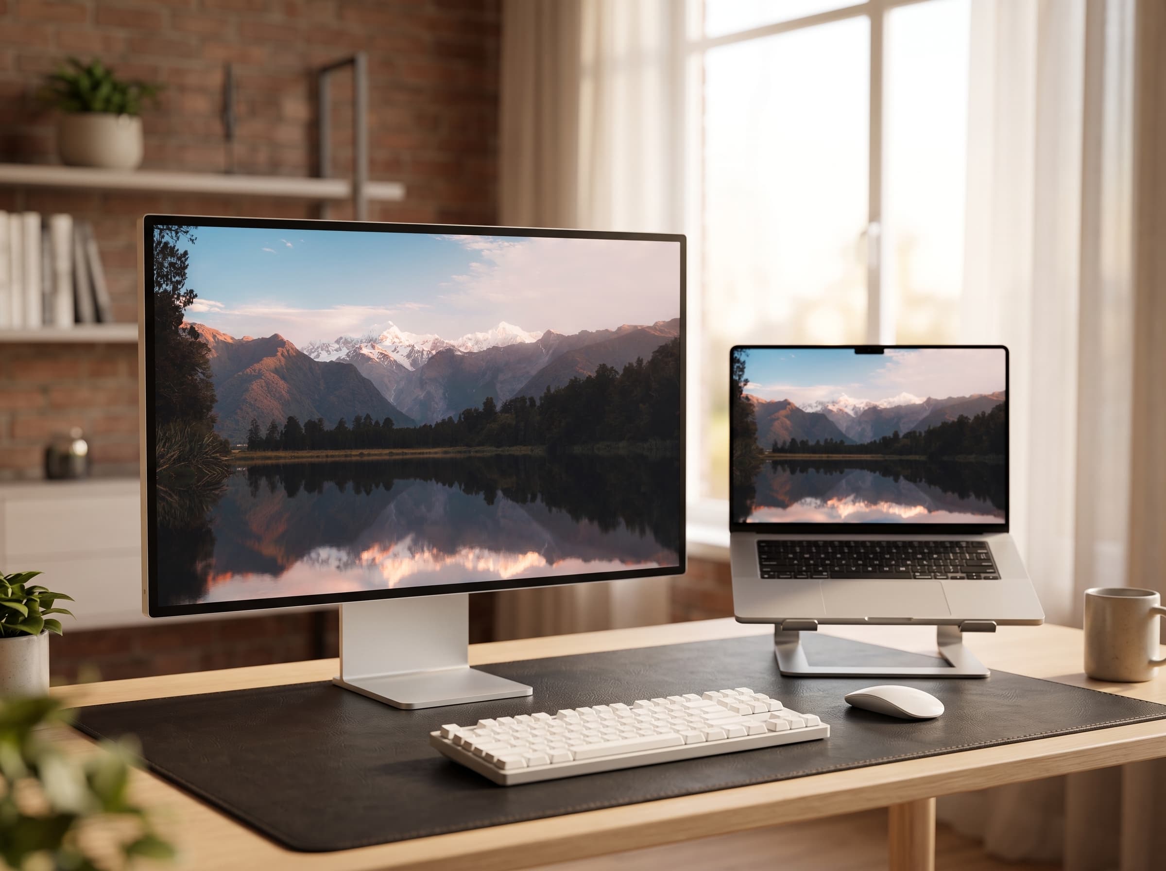 Desk setup showing Southern Peaks wallpaper