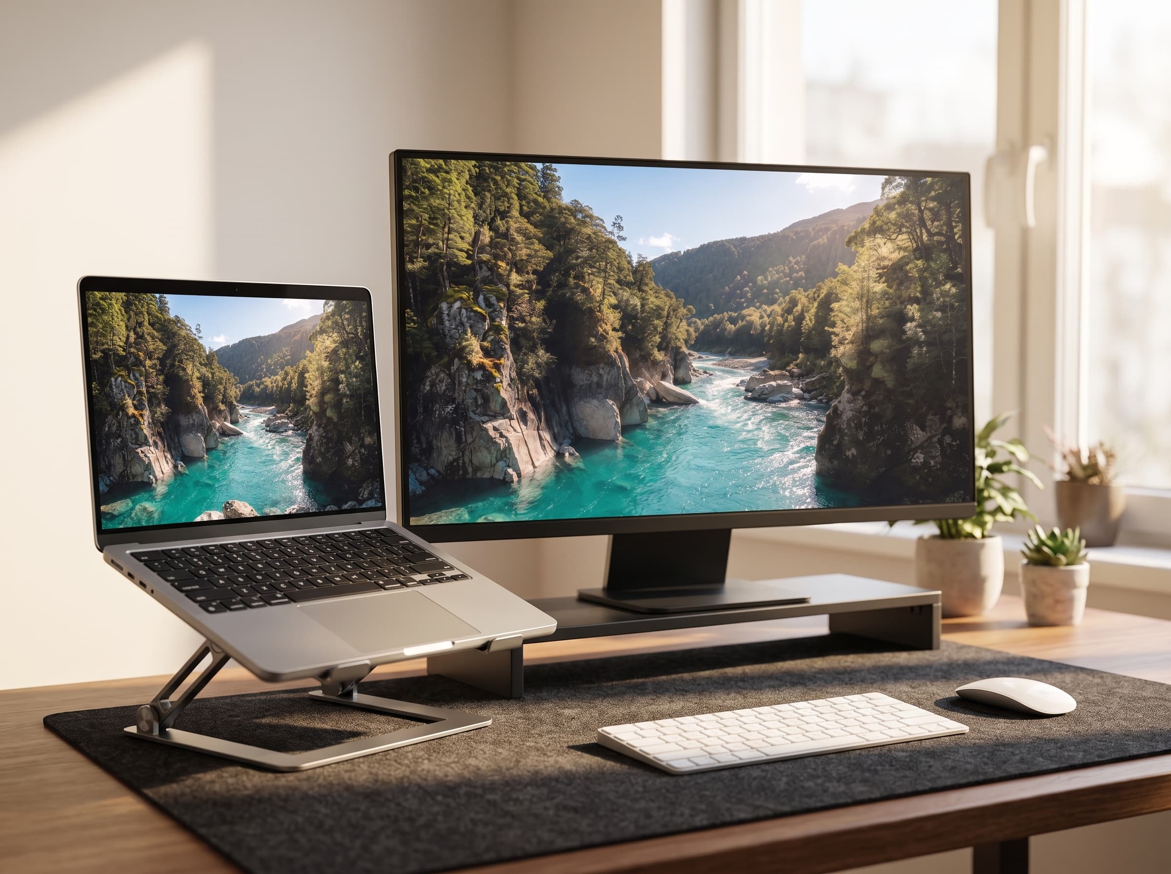 Desk setup showing Turquoise Waters wallpaper